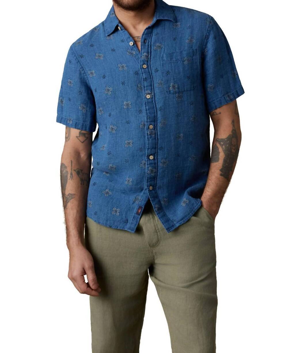 NEW FAHERTY short sleeve palma linen shirt in indigo water lilies